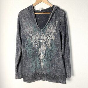 Vintage Y2K Stonewash Hooded Long Sleeve Tee Size Large Grunge Emo Punk Gothic